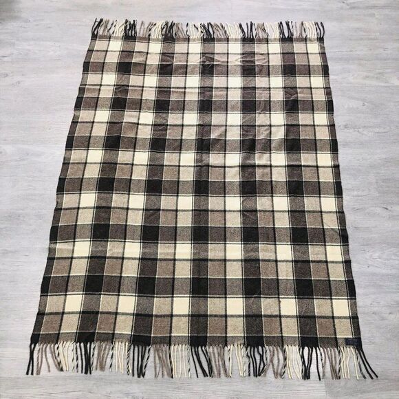 Vintage Pendleton Throw Wool Blanket Plaid With Fringes Brown  70"  X  53" - Picture 4 of 9